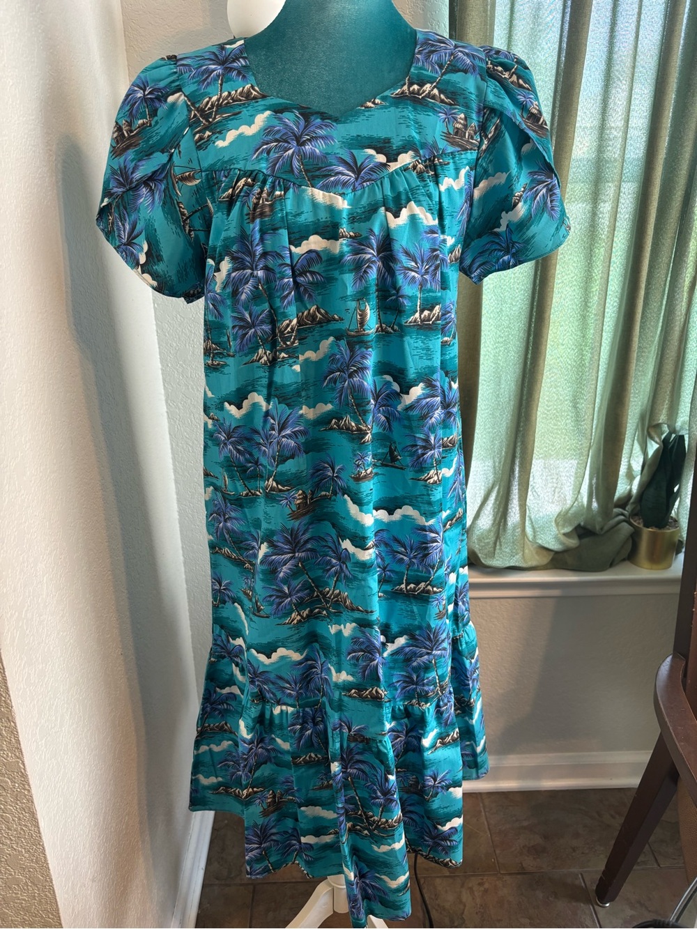 Teal Hawaiian Mumu lounge dress for vacation,  beachy coastal, boho resort